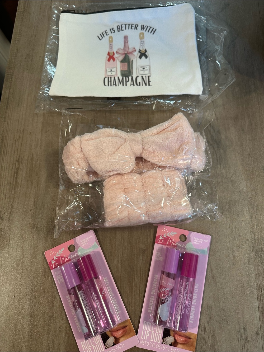 Champagne Make up Bag Lip gloss towel headband lot NWT